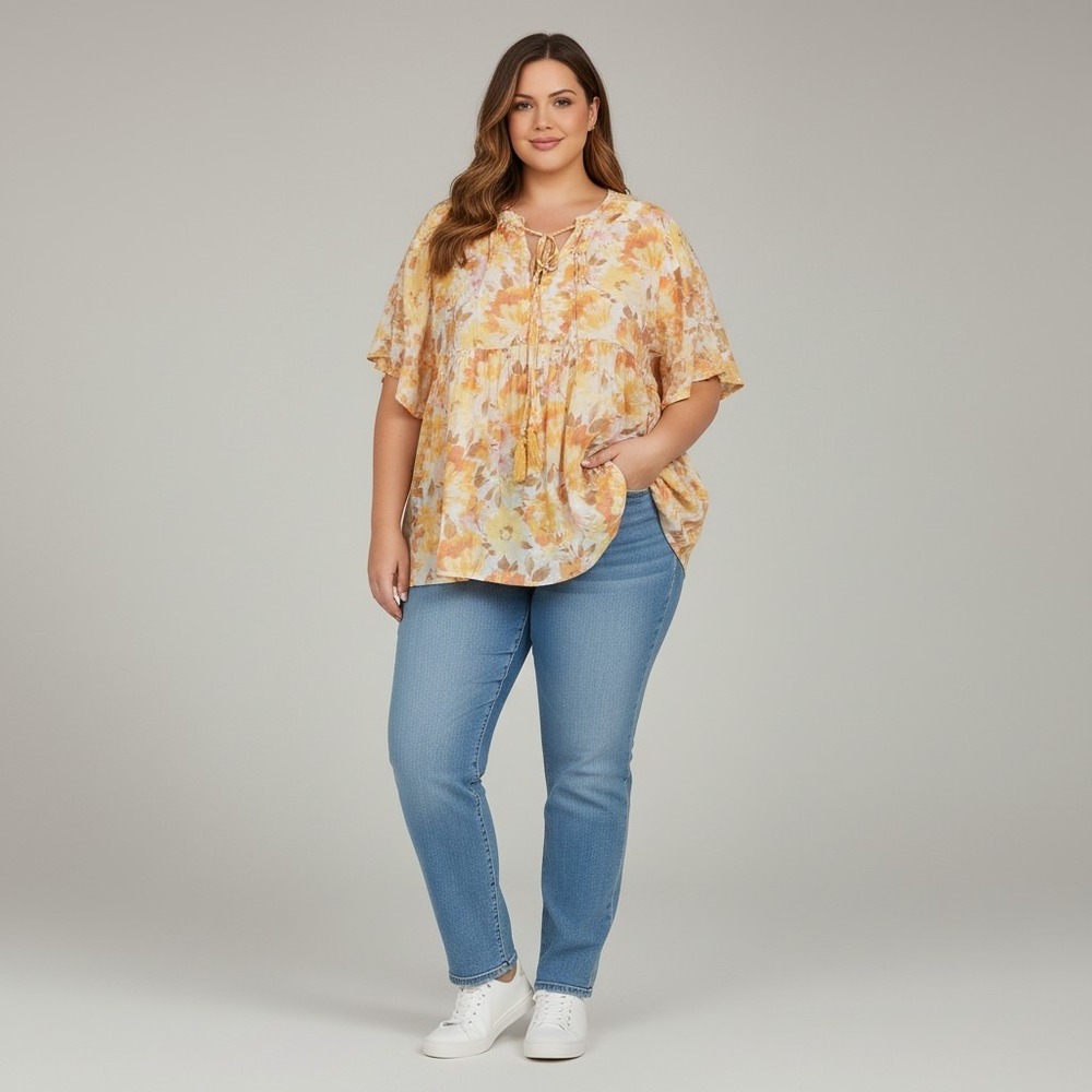 Cato Boho top orange & yellow floral lightweight flowy bell sleeve Cottagecore